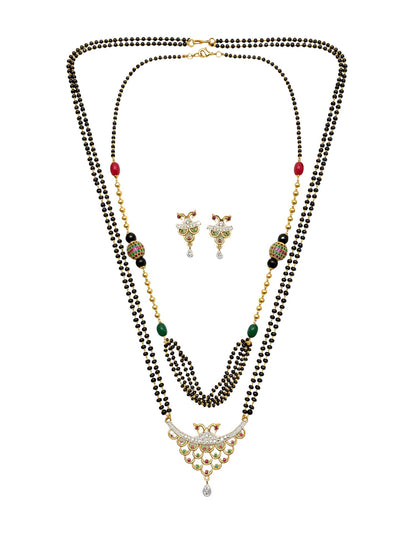 Set of 2 Gold Plated Long & Short Mangalsutra with Earrings