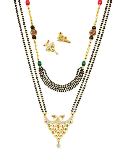 Set of 2 Gold Plated Long & Short Mangalsutra with Earrings