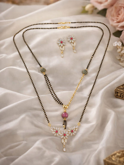 Set of 2 Floral AD Long & Short Mangalsutra with Earrings