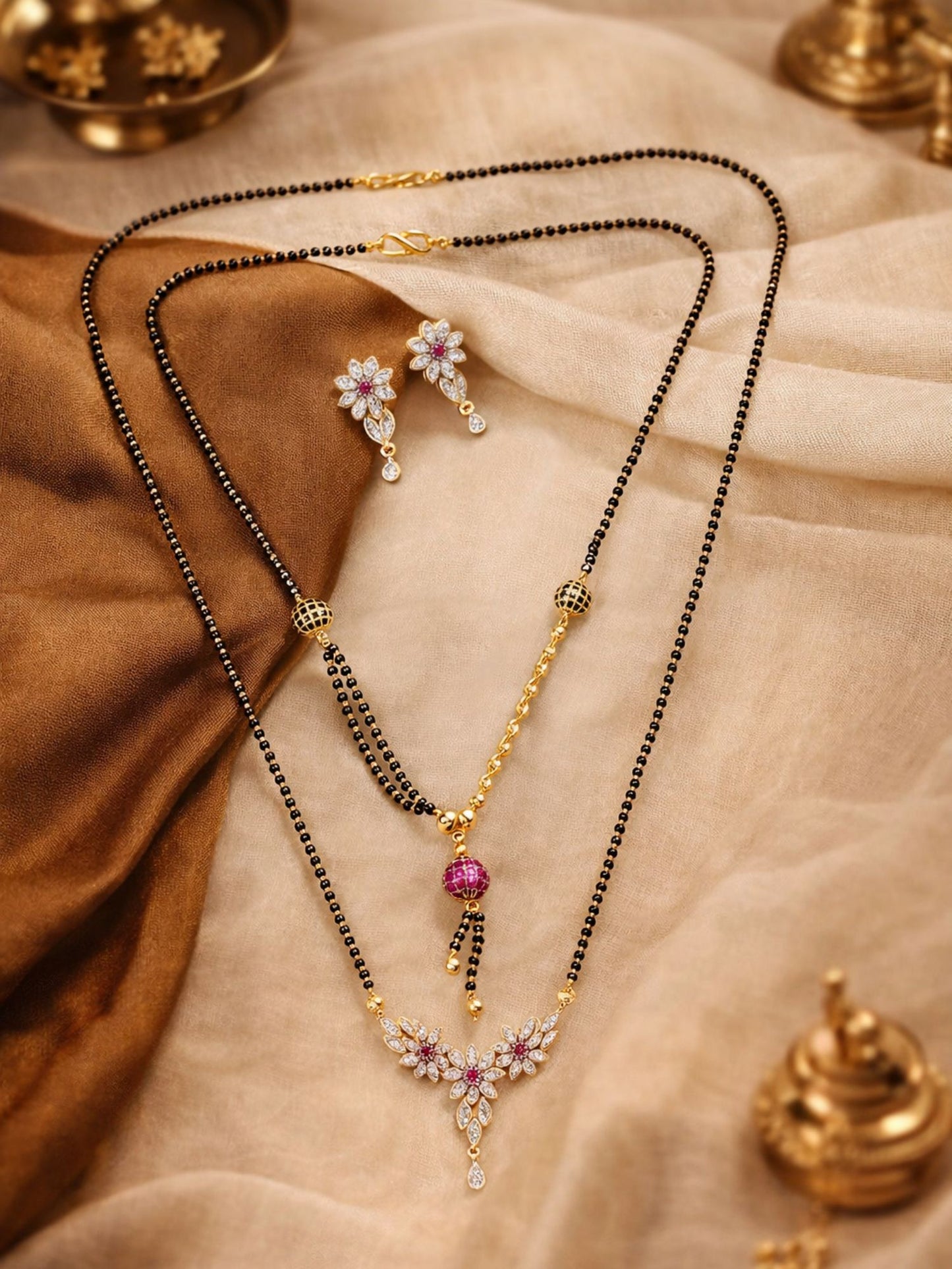 Set of 2 Floral AD Long & Short Mangalsutra with Earrings