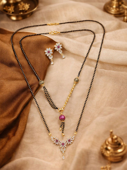 Set of 2 Floral AD Long & Short Mangalsutra with Earrings