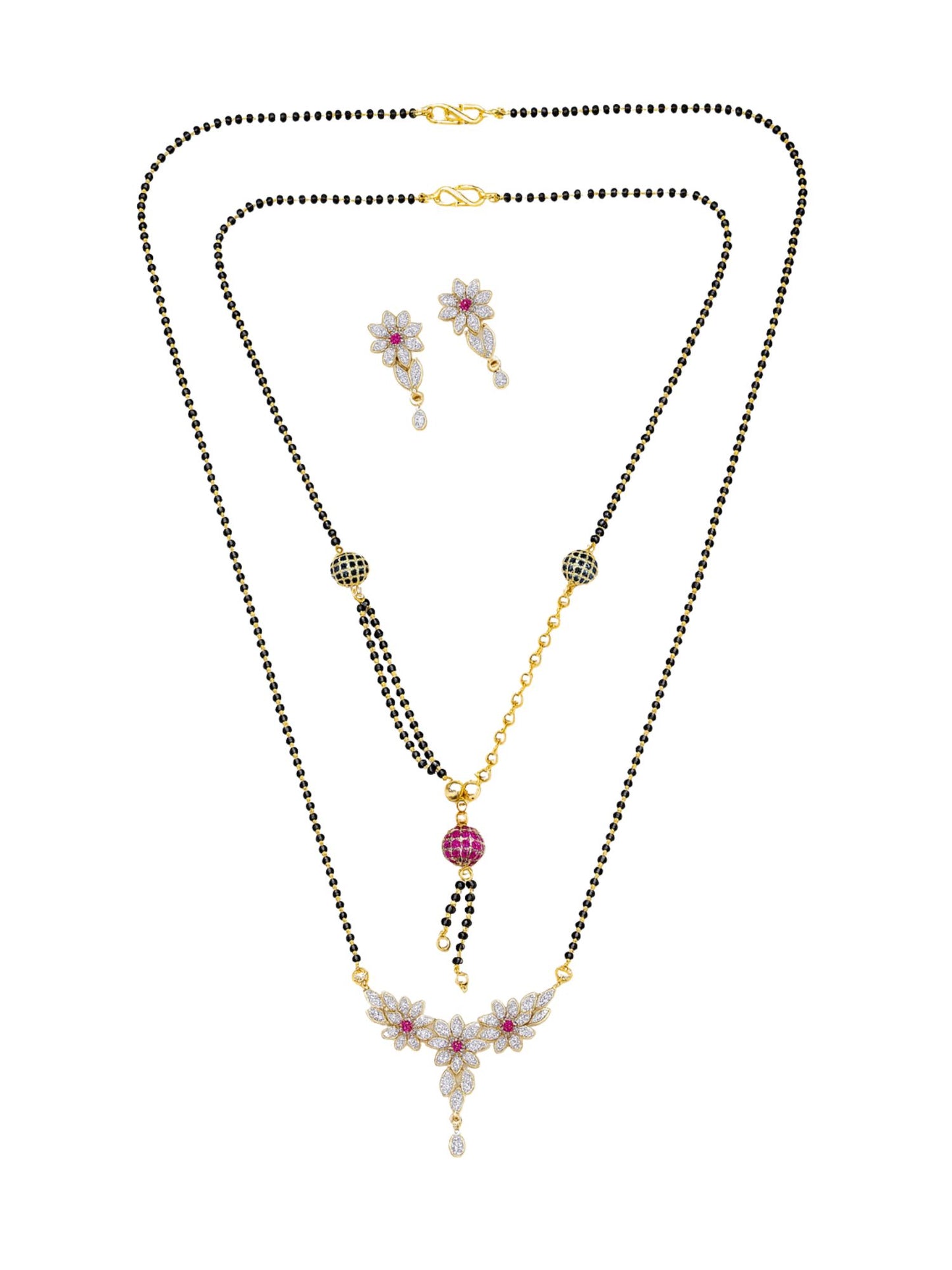Set of 2 Floral AD Long & Short Mangalsutra with Earrings