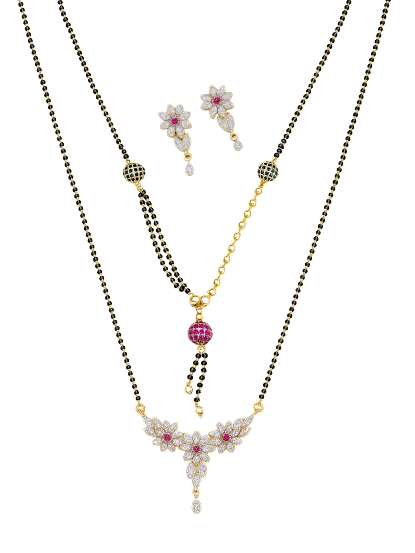 Set of 2 Floral AD Long & Short Mangalsutra with Earrings
