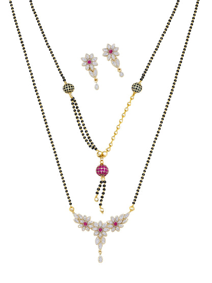 Set of 2 Floral AD Long & Short Mangalsutra with Earrings