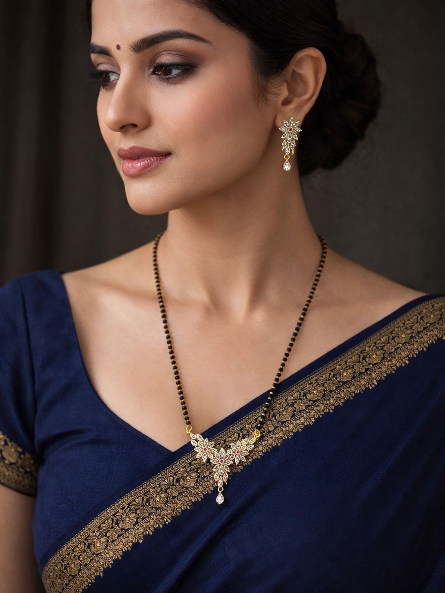 Set of 2 Floral AD Long & Short Mangalsutra with Earrings