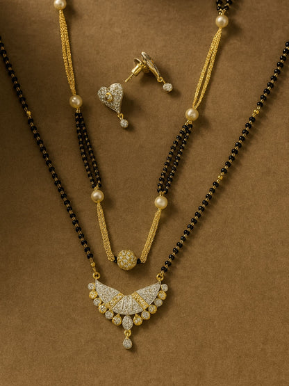 Set of 2 Gold Plated Long & Short Mangalsutra with Earrings