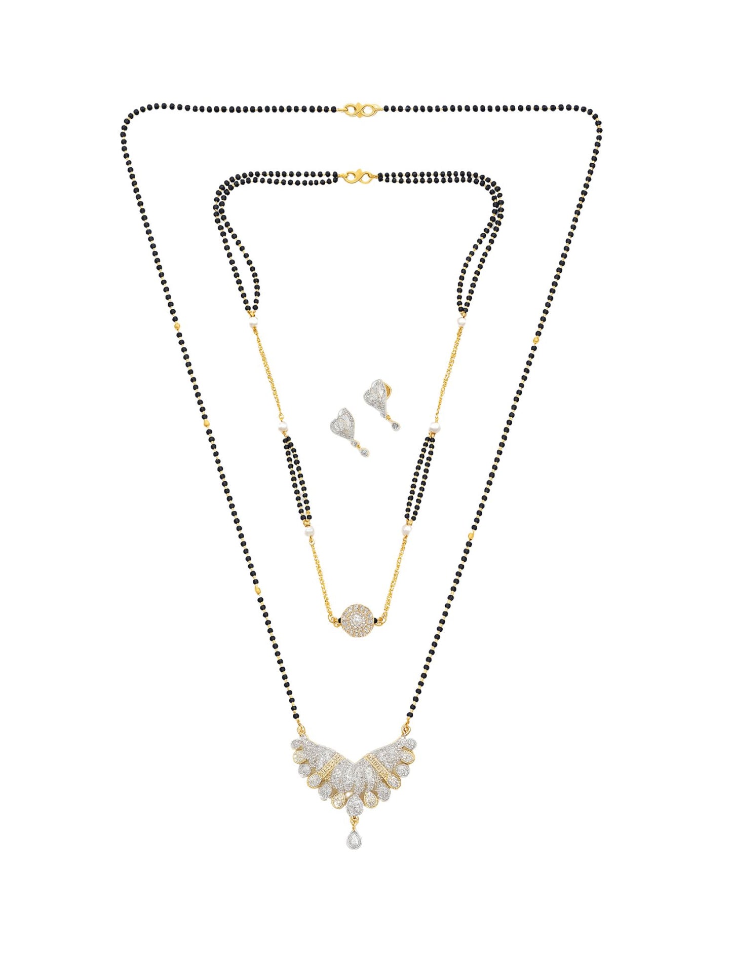 Set of 2 Gold Plated Long & Short Mangalsutra with Earrings