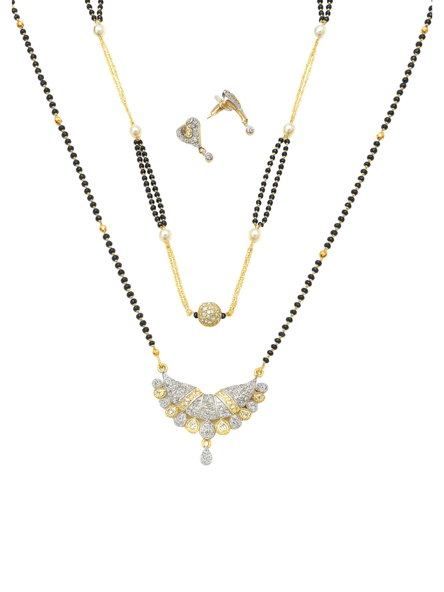 Set of 2 Gold Plated Long & Short Mangalsutra with Earrings