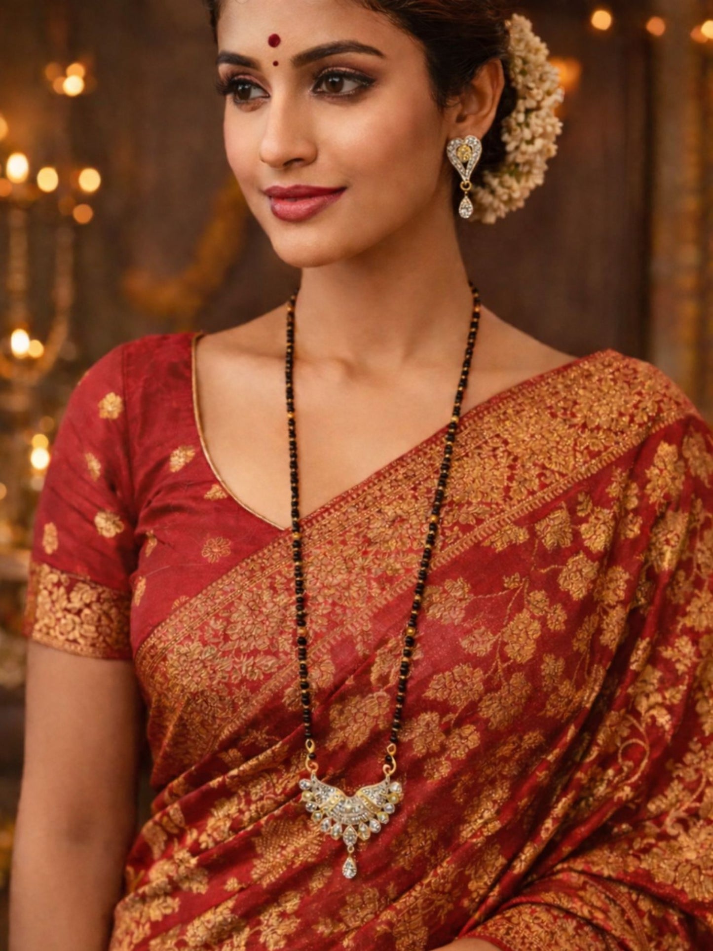 Set of 2 Gold Plated Long & Short Mangalsutra with Earrings