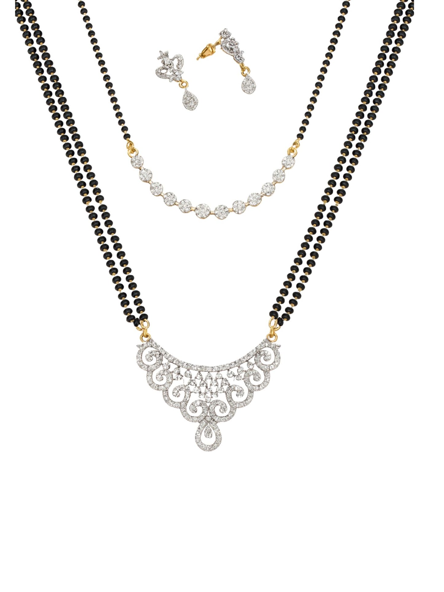 Set of 2 Long & Short Mangalsutra with Earrings, AD Pendant