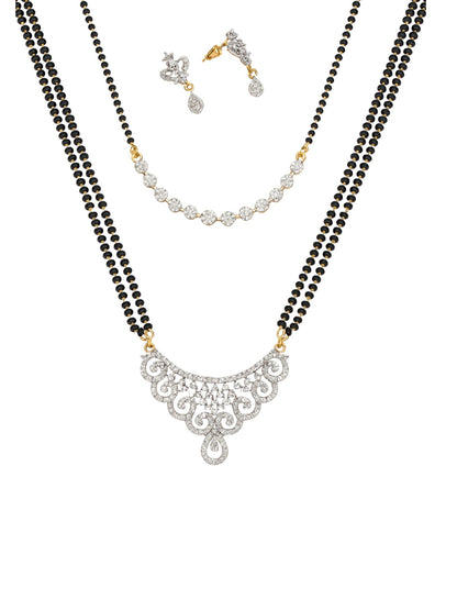 Set of 2 Long & Short Mangalsutra with Earrings, AD Pendant