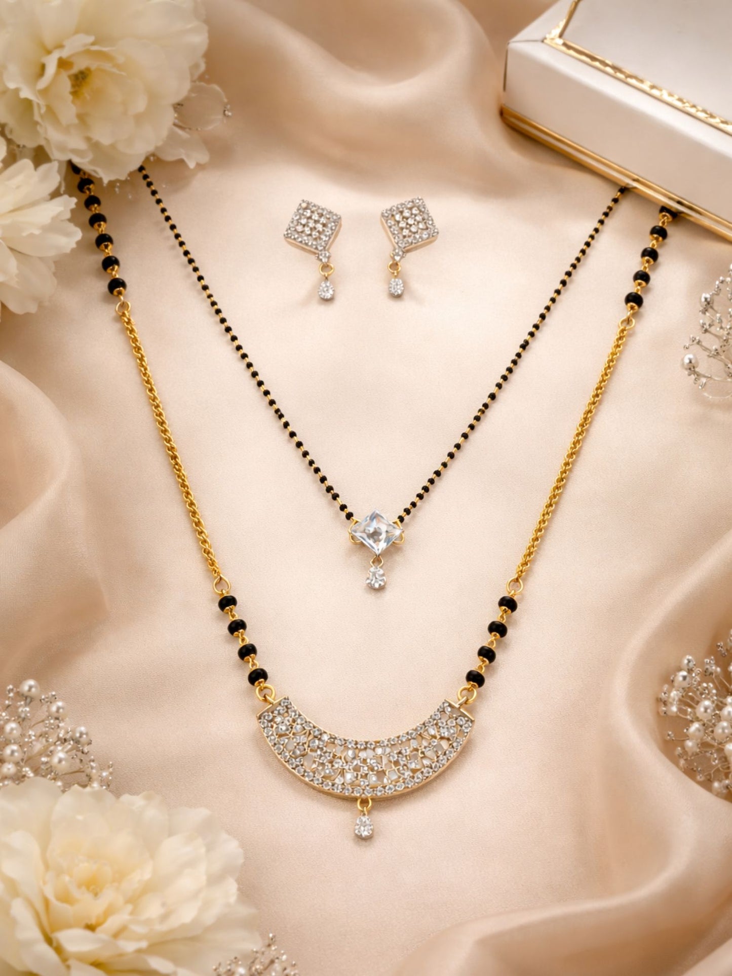 Set of 2 Gold Plated AD Long & Short Mangalsutra with Earrings