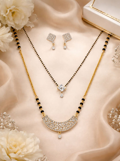 Set of 2 Gold Plated AD Long & Short Mangalsutra with Earrings