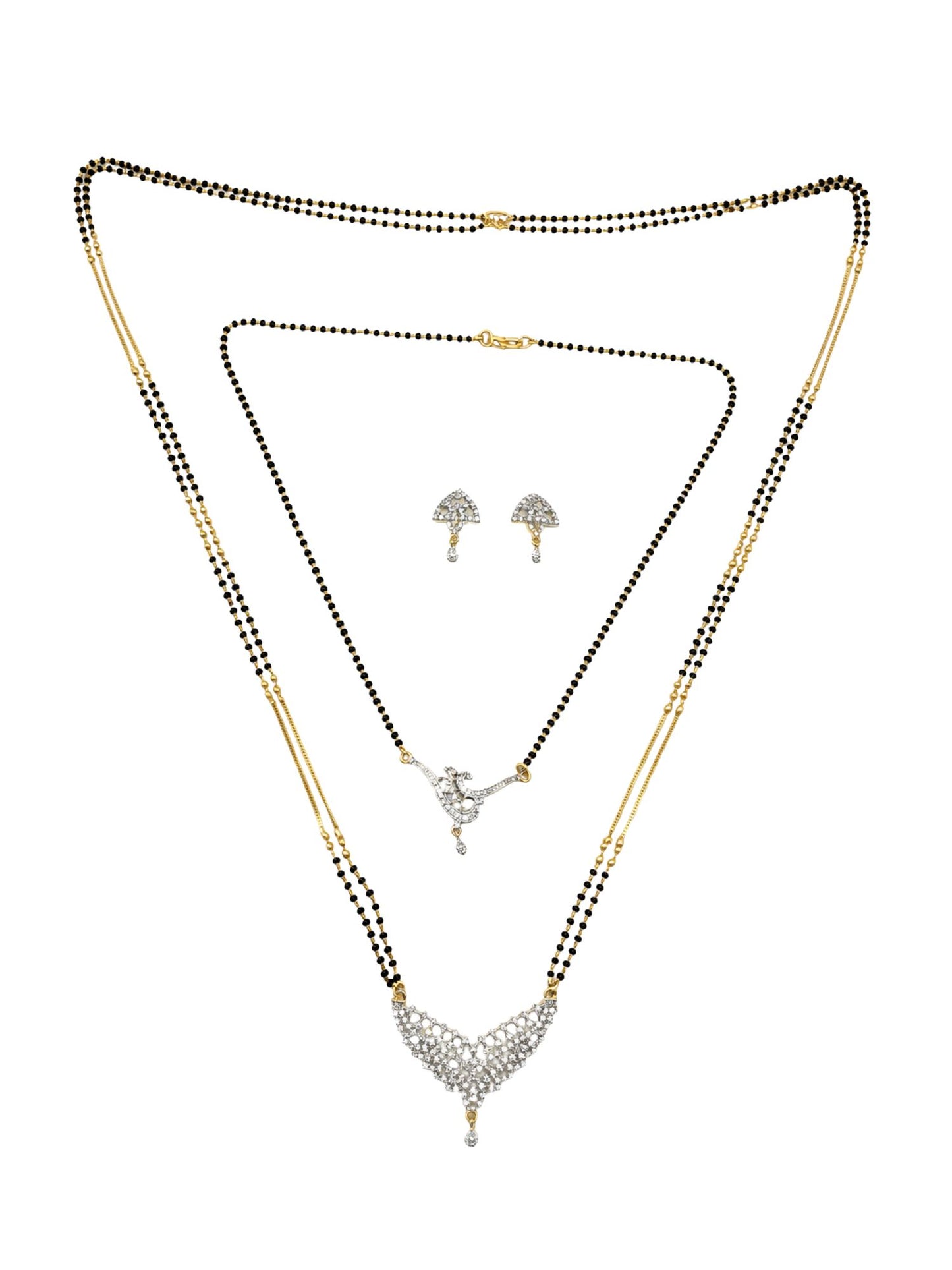 Set of 2 Gold Plated AD Long & Short Mangalsutra with Earrings