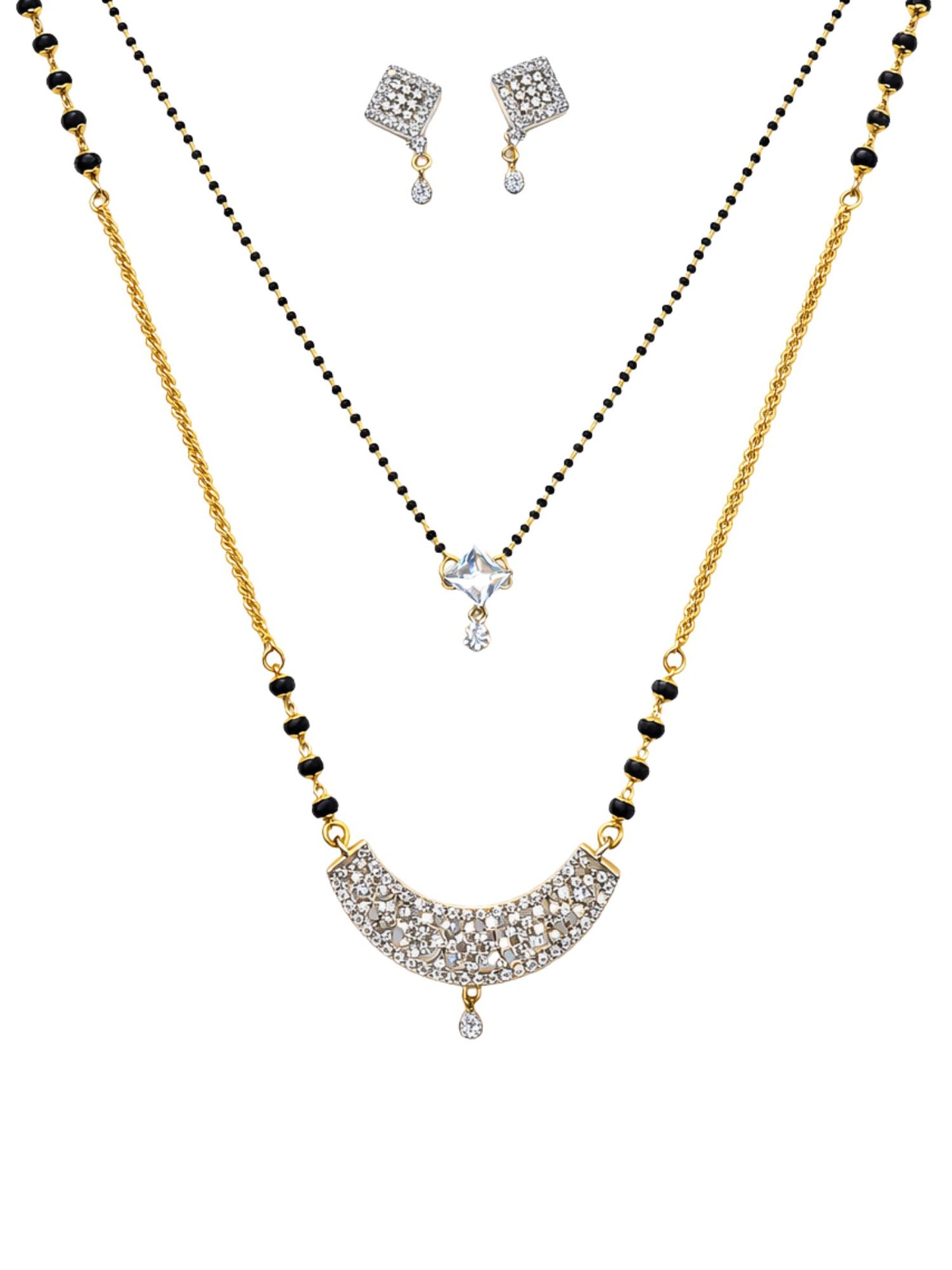Set of 2 Gold Plated AD Long & Short Mangalsutra with Earrings