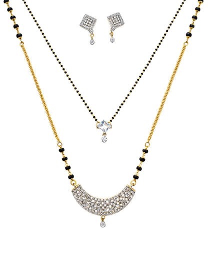 Set of 2 Gold Plated AD Long & Short Mangalsutra with Earrings