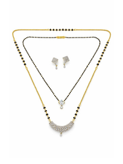 Set of 2 Gold Plated AD Long & Short Mangalsutra with Earrings