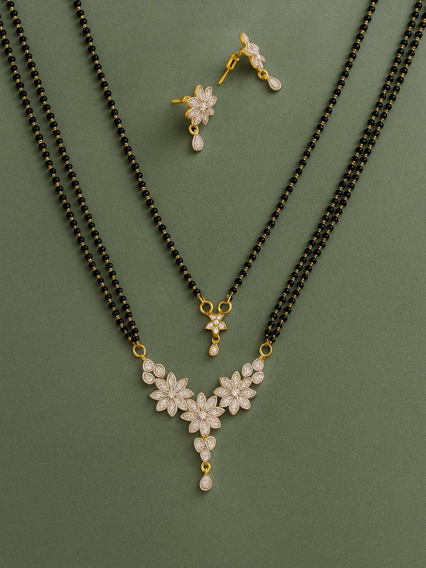 Set of 2 Floral Diamond Long & Short Mangalsutra Necklace Set