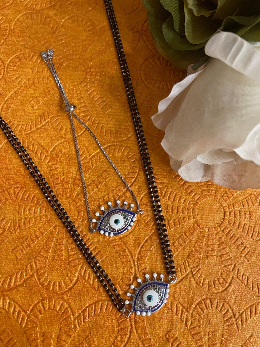 Long Mangalsutra & Bracelet Combo Set of 2 Multi color Evil Eye Silver American Diamond Pendent