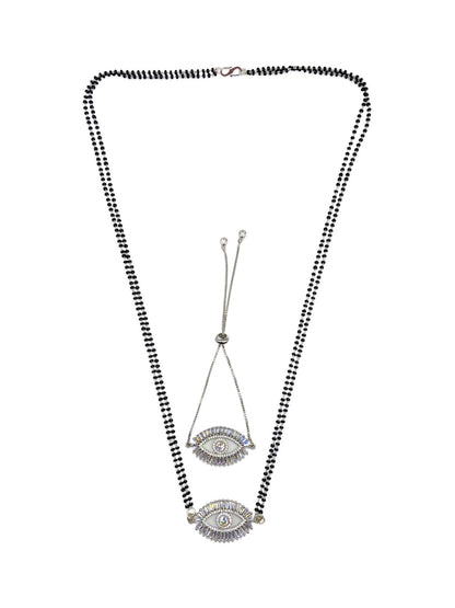 Long Mangalsutra & Bracelet Combo Set of 2  Evil Eye Silver American Diamond Pendent
