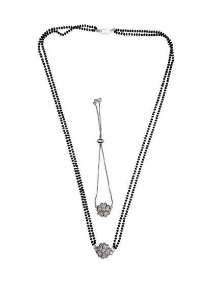 Long Mangalsutra & Bracelet Combo Set of 2 Flower Silver American Diamond Pendent