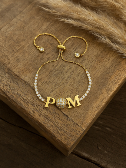 Custom 2 Name Initial Alphabet With AD Ball Gold Plated Bracelets