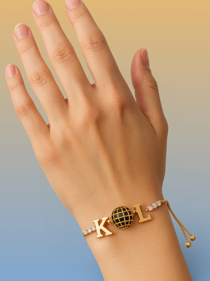 Custom 2 Name Initial Alphabet With AD Ball Gold Plated Bracelets