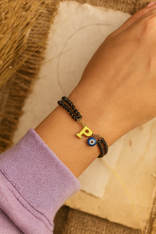 A-Z Letter Double Line Mangalsutra Bracelet With Evil Eye
