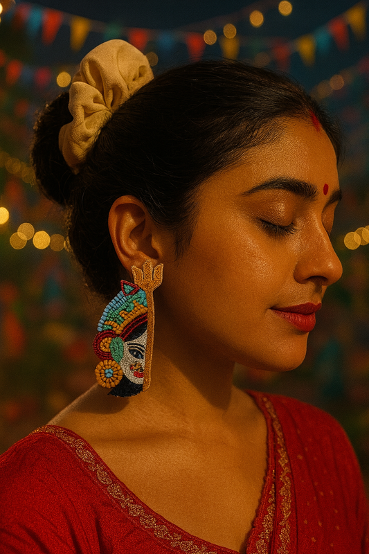 Colourful Beaded Durga Maa Puja Half Face Design Stud Earring Jewelry For Women