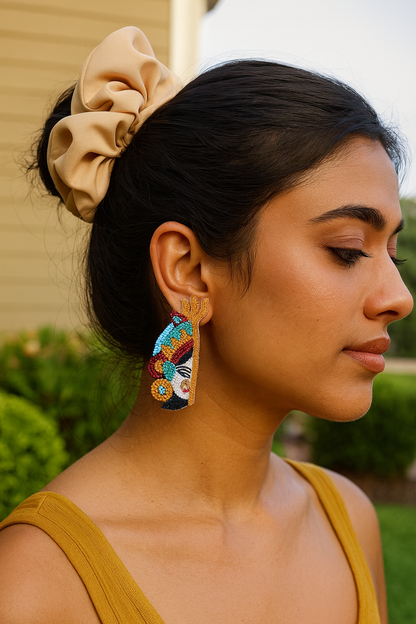 Colourful Beaded Durga Maa Puja Half Face Design Stud Earring Jewelry For Women