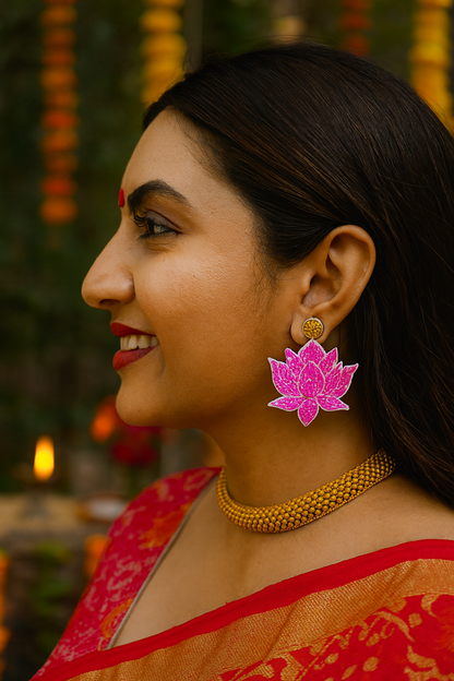 Lotus Flower Design Beaded Earrings