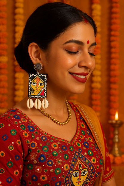 Hand Painted Maa Durga/Sea Shell Earring