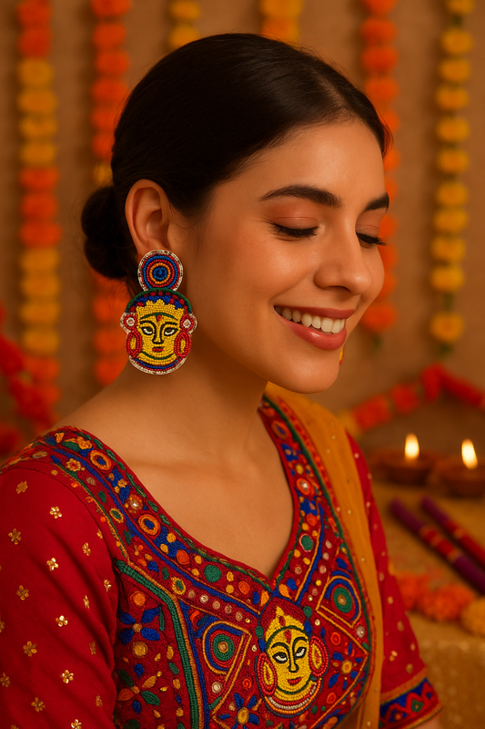 Colourful Beaded Bengali Maa Durga Puja Design Stud Earring Jewellery For Women