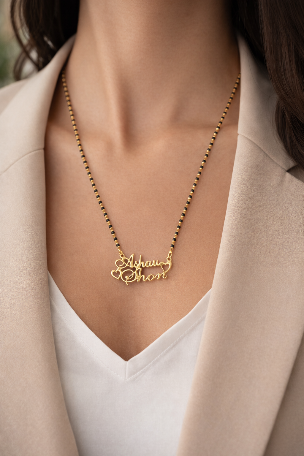 Cursive Name Long Mangalsutra Long Necklace With 2 Personalized Names Mini Hearts & Black Beaded Chain