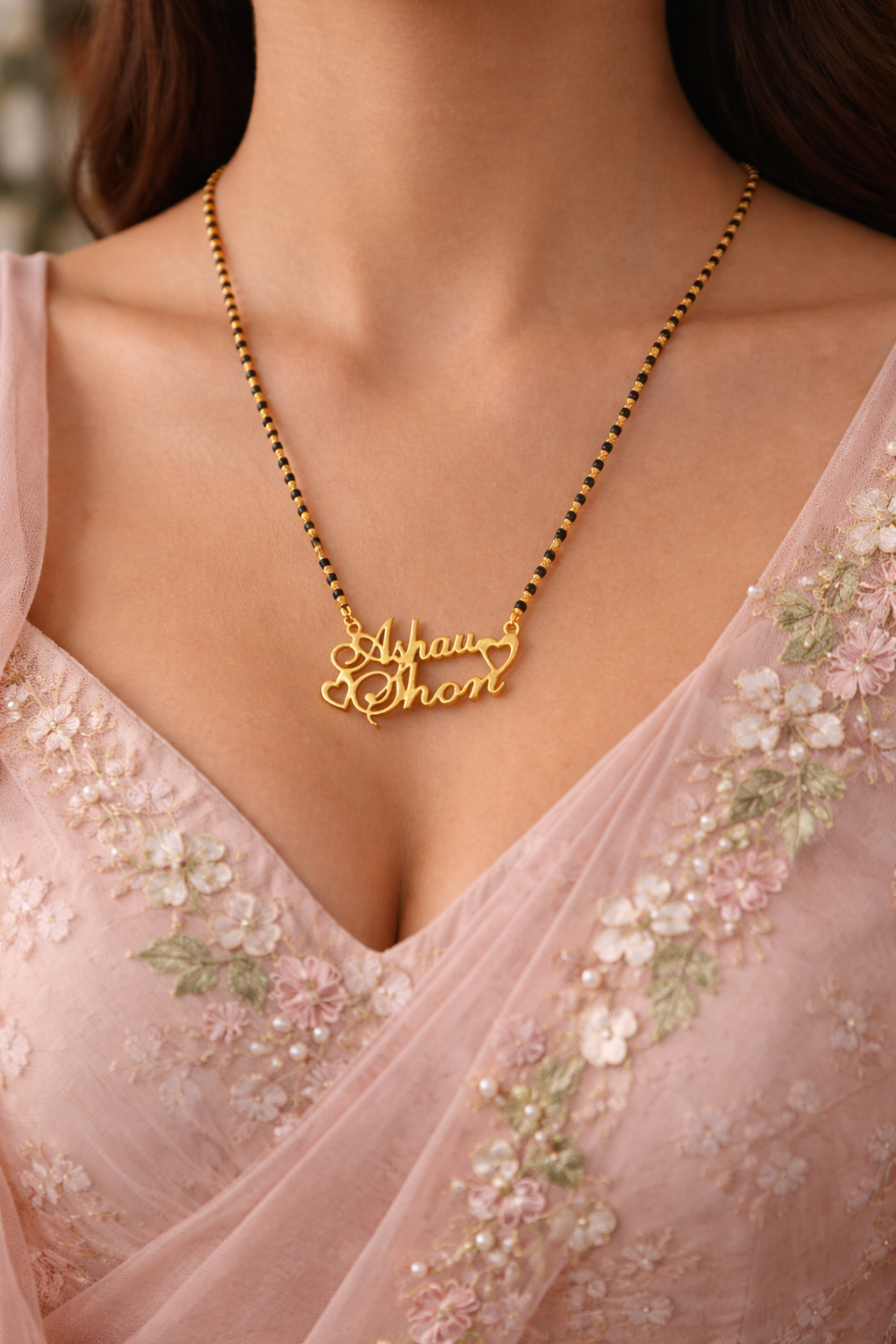 Cursive Name Long Mangalsutra Long Necklace With 2 Personalized Names Mini Hearts & Black Beaded Chain