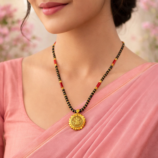 Short Mangalsutra Designs Gold Plated Latest Lakshmi (Laxmi) Coin Pendant Single Layer Mangalsutra