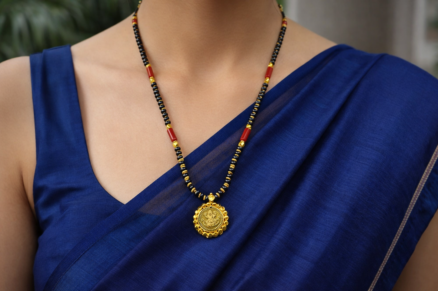 Short Mangalsutra Designs Gold Plated Latest Lakshmi (Laxmi) Coin Pendant Single Layer Mangalsutra