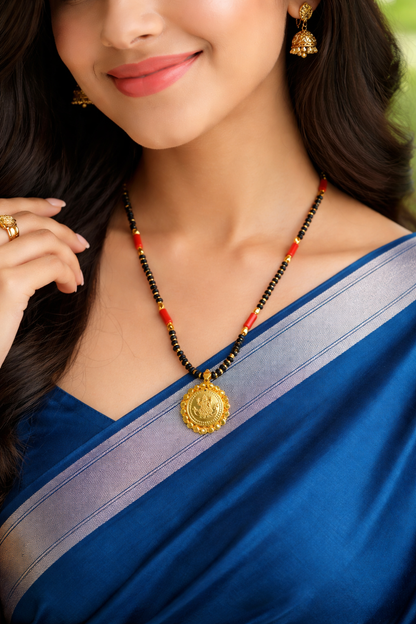 Short Mangalsutra Designs Gold Plated Latest Lakshmi (Laxmi) Coin Pendant Single Layer Mangalsutra