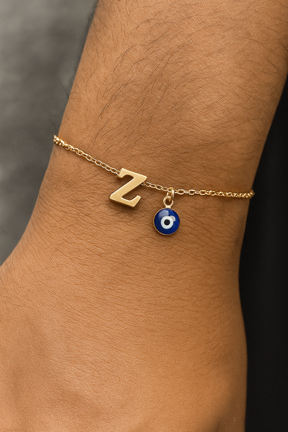 Name Initial Letter Bracelet Rakhi With Blue Evil Eye Charm