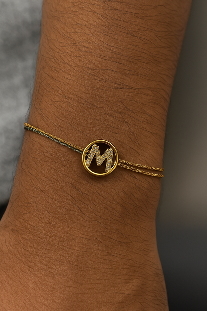 Gold A-Z Letter Round AD Thread Rakhi Lumba+Free Chain