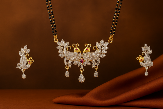 Short Mangalsutra Designs Gold Plated Latest American Diamond Peacock Pendant 19 Inches Mangalsutra & Earrings