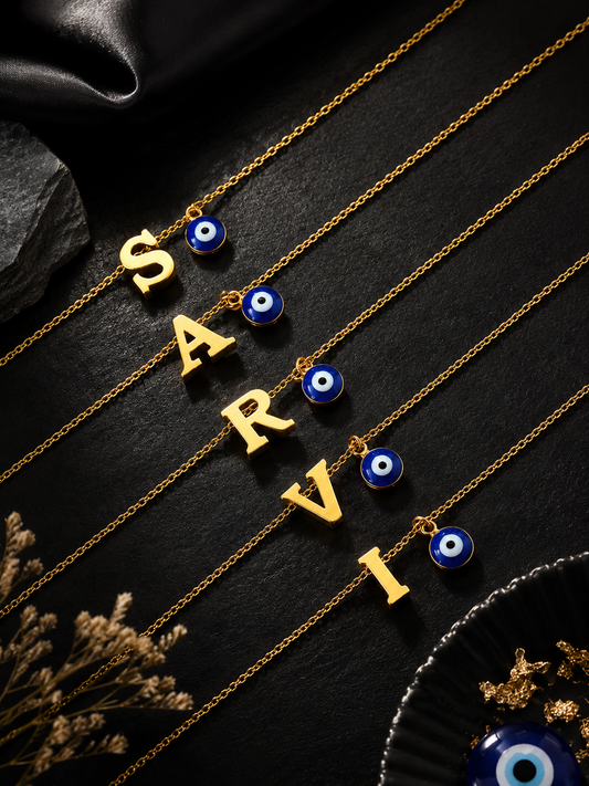 Name Initial Letter Bracelet Rakhi With Blue Evil Eye Charm