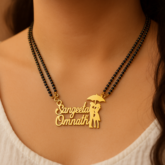 Cursive 2 Personalized Umbrella Couple Names Necklace Double Line Short Mangalsutra