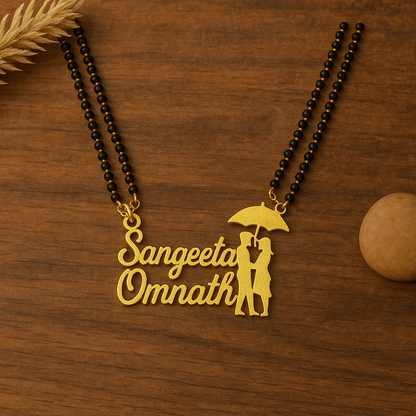 Cursive 2 Personalized Umbrella Couple Names Necklace Double Line Short Mangalsutra