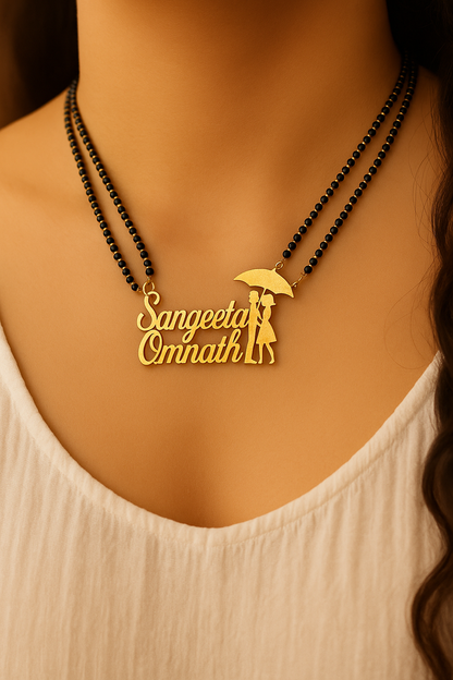 Cursive 2 Personalized Umbrella Couple Names Necklace Double Line Short Mangalsutra