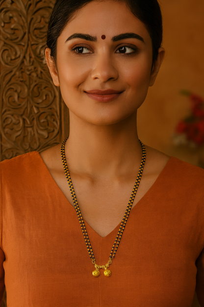 Long Mangalsutra Designs gold mangalsutra maharashtrian style vati pendant black beads chain