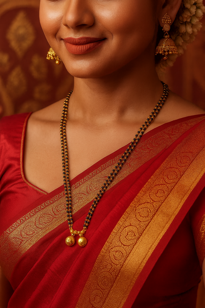 Long Mangalsutra Designs gold mangalsutra maharashtrian style vati pendant black beads chain