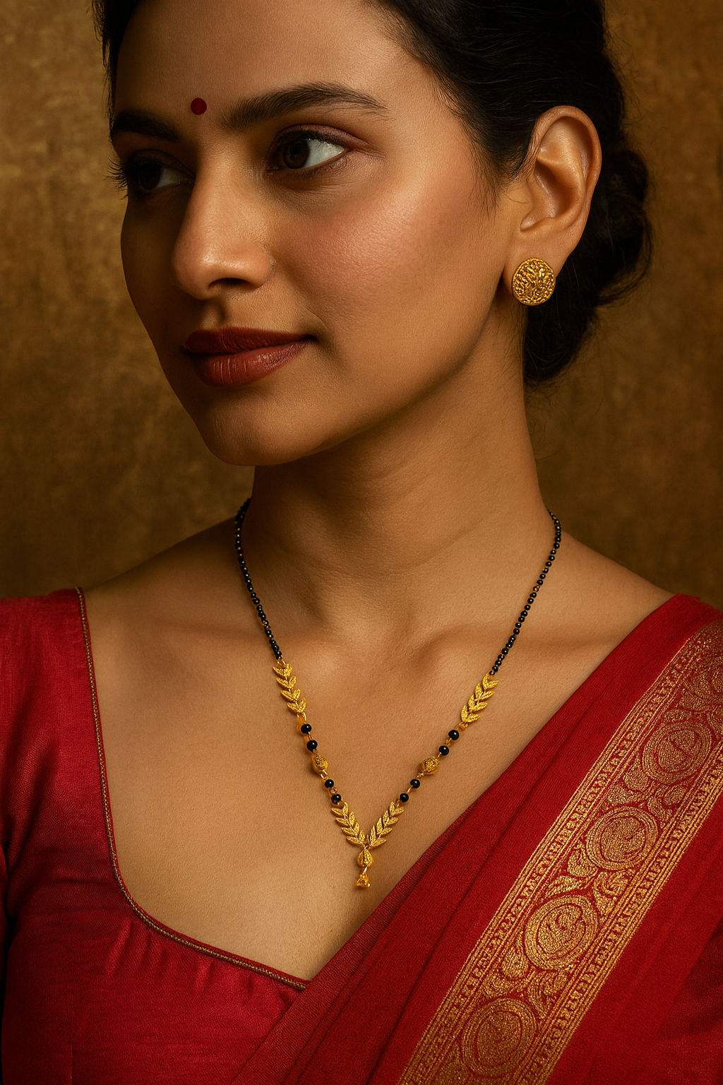 Short Mangalsutra Designs Gold Plated Latest Eila Leaf Layer Pendent Latkan Single Line Mangalsutra