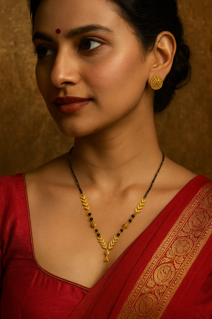 Short Mangalsutra Designs Gold Plated Latest Eila Leaf Layer Pendent Latkan Single Line Mangalsutra