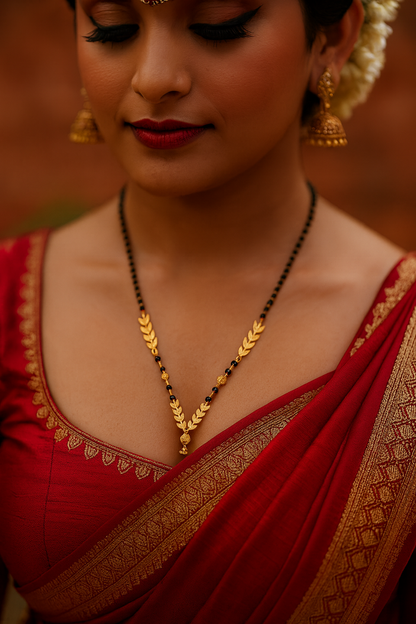 Short Mangalsutra Designs Gold Plated Latest Eila Leaf Layer Pendent Latkan Single Line Mangalsutra